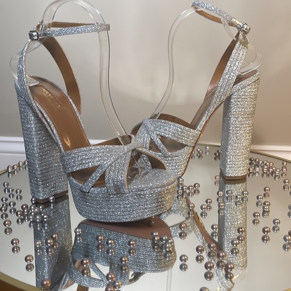 Aquazzura Sundance Silver Glitter Platform Heeled Sandals Sz 39 - Picture 16 of 17